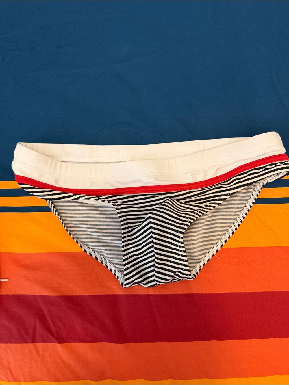 Marcuse men’s speedo Navy and White Striped  Bottom with Red Accent